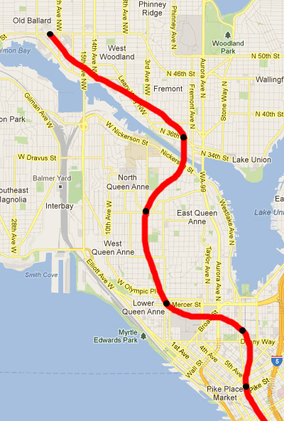 Red line represents subway route, black circles represent station locations.