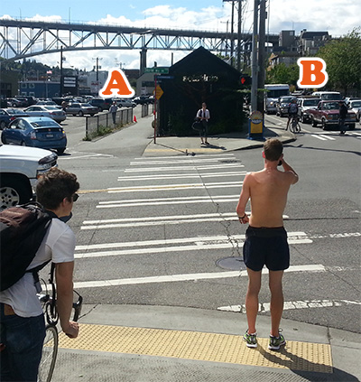 Westbound view. A = Burke-Gilman trail, B = car lane.