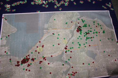 Trip start/finish map - green is start, red is end; image from Ballard News-Tribune.
