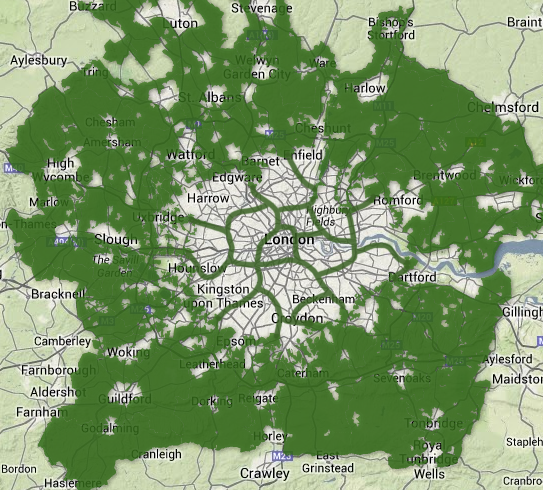 Rough example of a London green web, in which much of the outside green space could be opened up for development.
