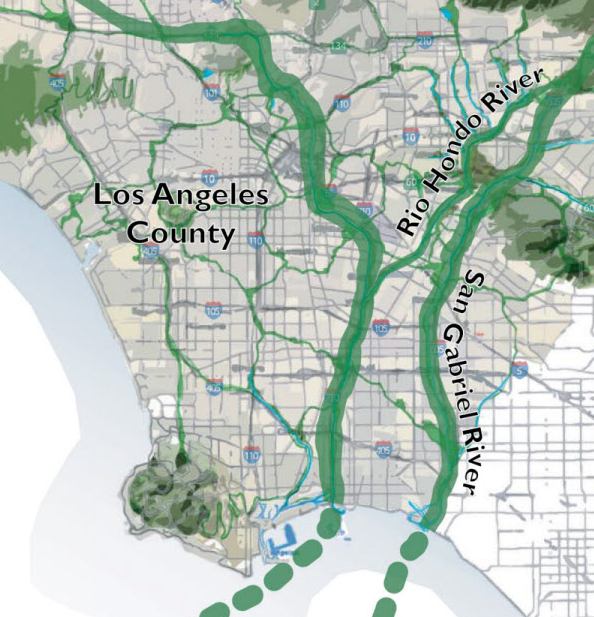 In the Emerald Necklace Vision Plan, green space connects residents throughout Los Angeles. Image from Amigos de los Rios.