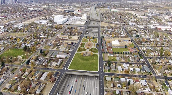 A rendering of Denver's planned I-70 widening, bury, and cap. Photo from I-70east.com.