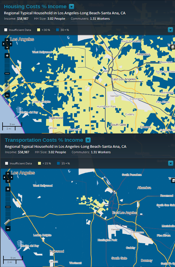 Maps from the Center for Neighborhood Technology's H+T Affordability Index.