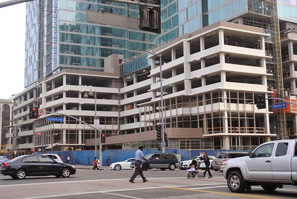 A parking podium under construction at Wilshire & Vermont in Koreatown. Photo by Muji.
