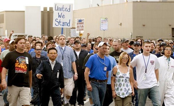 Boeing employees strike in September, 2008, photo from the Seattle Times.
