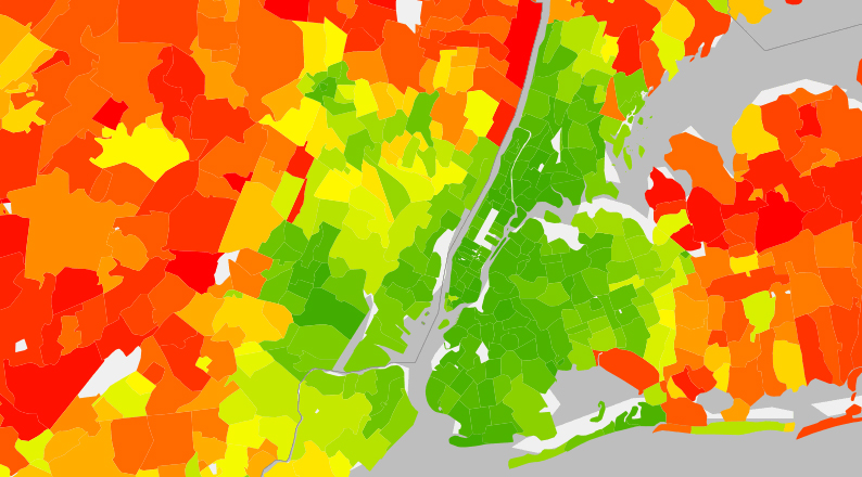 Average annual carbon emissions per household in the New York metro area. Dense, "dirty" New York City produces about half as many emissions, per household, as the "green" suburbs beyond. Image from Berkeley's CoolClimate maps site.