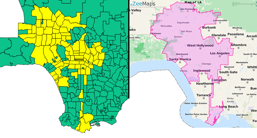 Left: ZIP codes included in analyses of median home price changes; Right: map of City of Los Angeles border.