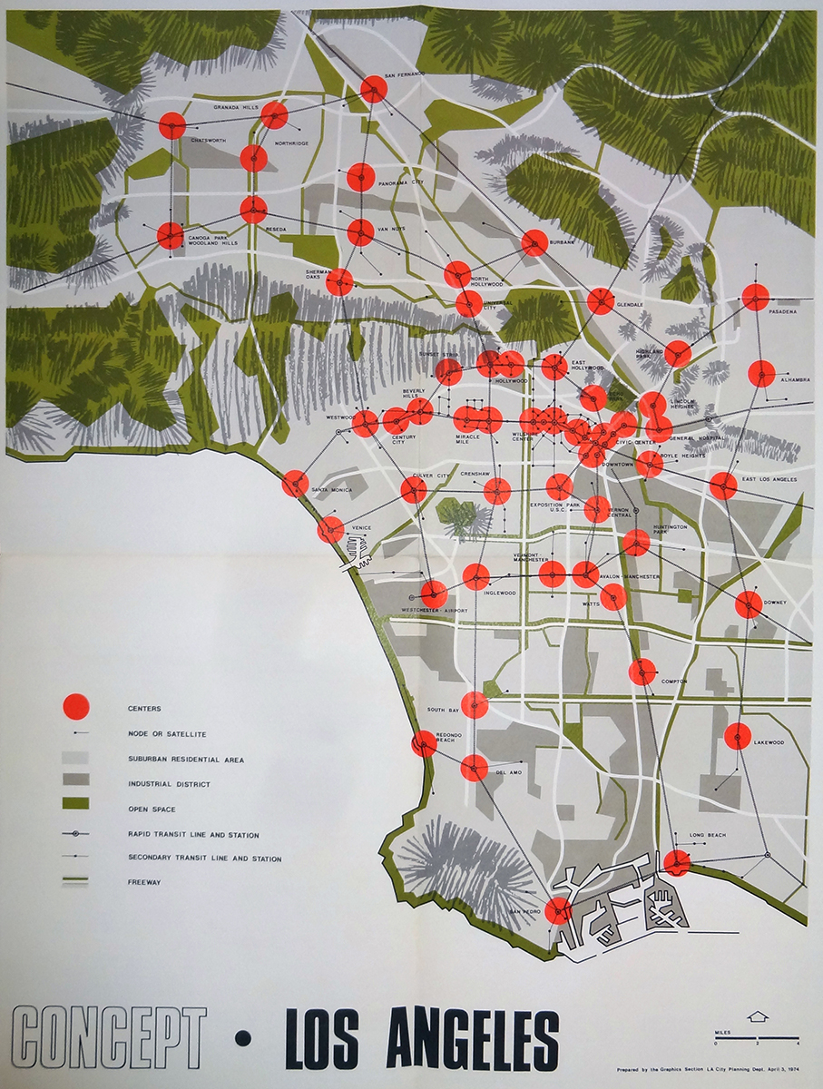 A concept plan for the polycentric growth of Los Angeles, approved in 1974. Proposition U made the development of many of these corridors illegal, making the plan impossible to implement. Image from Recode:LA.