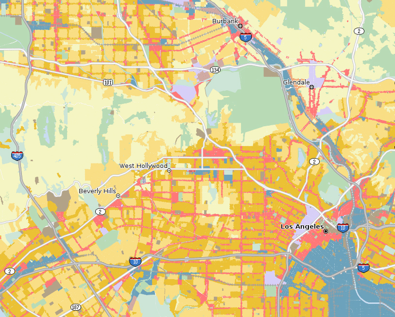 A map highlights the zoning designations for parcels in Los Angeles and adjacent cities. The pink/salmon colored parcels are zoned for commercial use, and were the primary targets of Proposition U in 1986. Image from Property Shark.