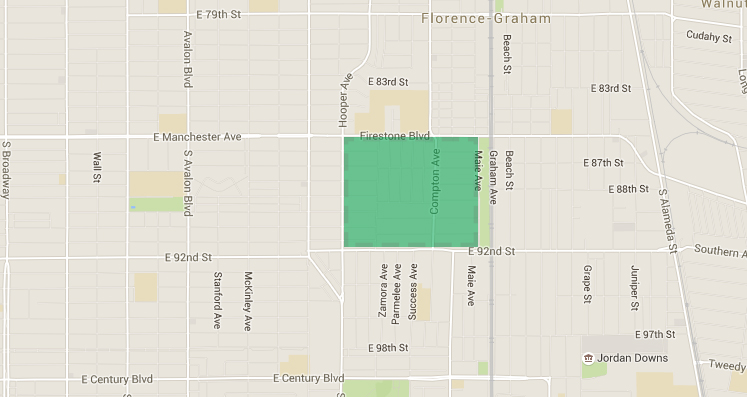 A hypothetical "Great Park" area bounded by Firestone Blvd, Graham Ave, E 92nd St, and Hooper Ave, immediately adjacent to Firestone Station on the Metro Blue Line.