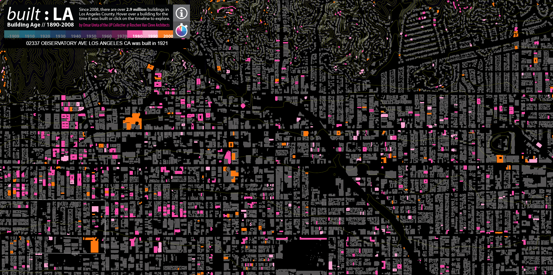 A screencap from Omar Ureta's Built:LA map, highlighting all of the buildings constructed between 1980 and 2008.
