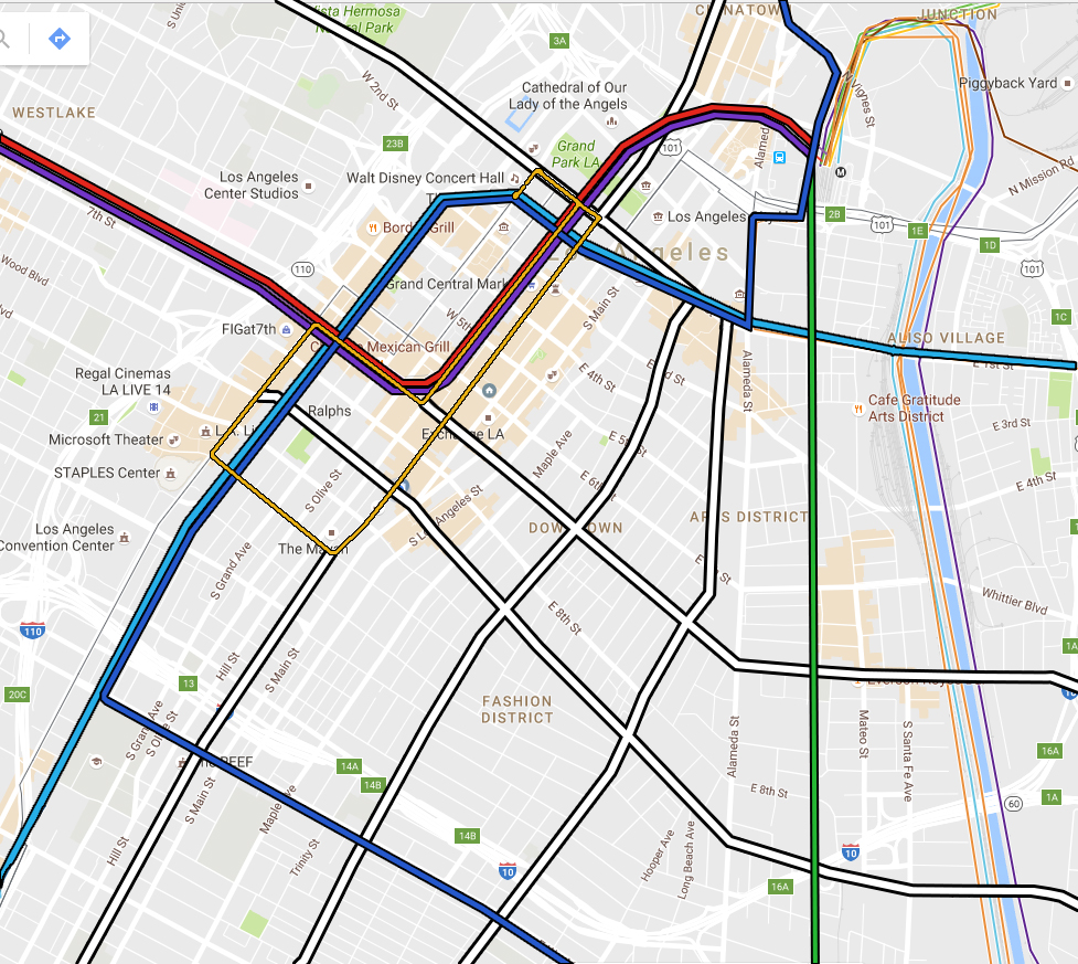 Metro Rail (colored lines) will frame downtown on all sides: Red, Purple, Blue, and Expo Lines on the west and north; Blue on the south, and the future West Santa Ana branch line on the east. What services will be available to connect the areas in b…
