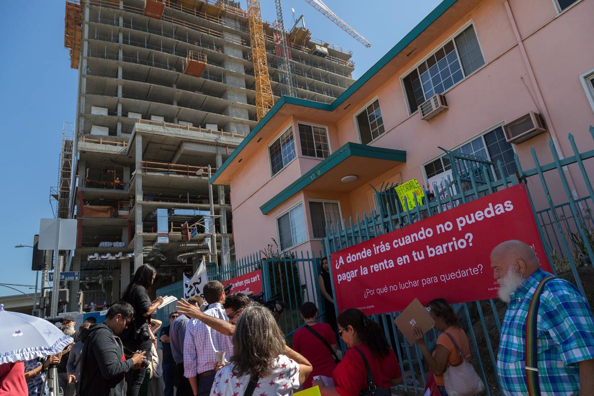 A photo from the anti-Build Better LA press conference held on July 19th, 2016 at the Yucca-Argyle apartments, where 40 rent-stabilized units are set to be replaced by 39 low income and 152 market-rate units.