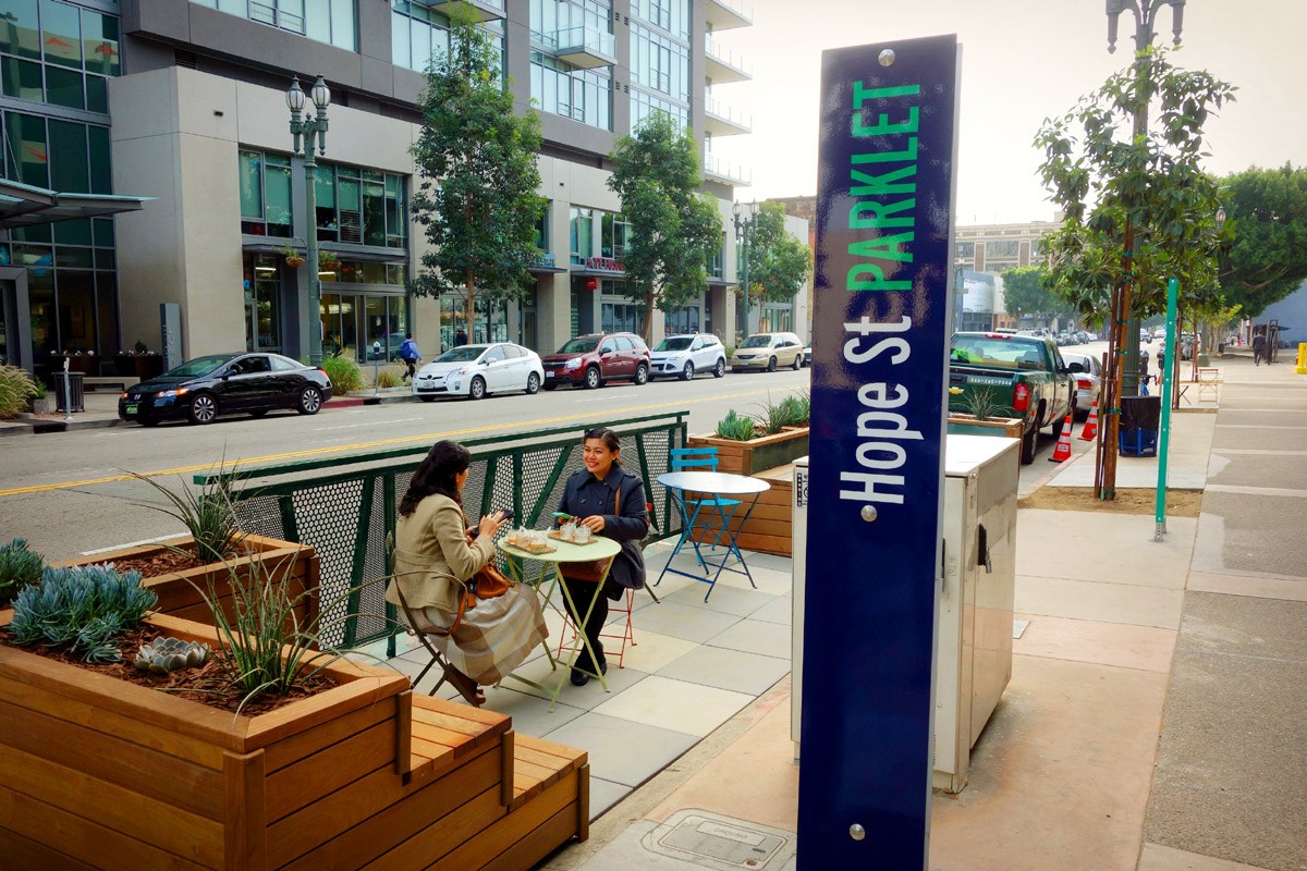 Parklets are great additions to the urban fabric of a neighborhood, but they can't take the place of real, full-sized parks. Photo from DTLA Rising by Brigham Yen.