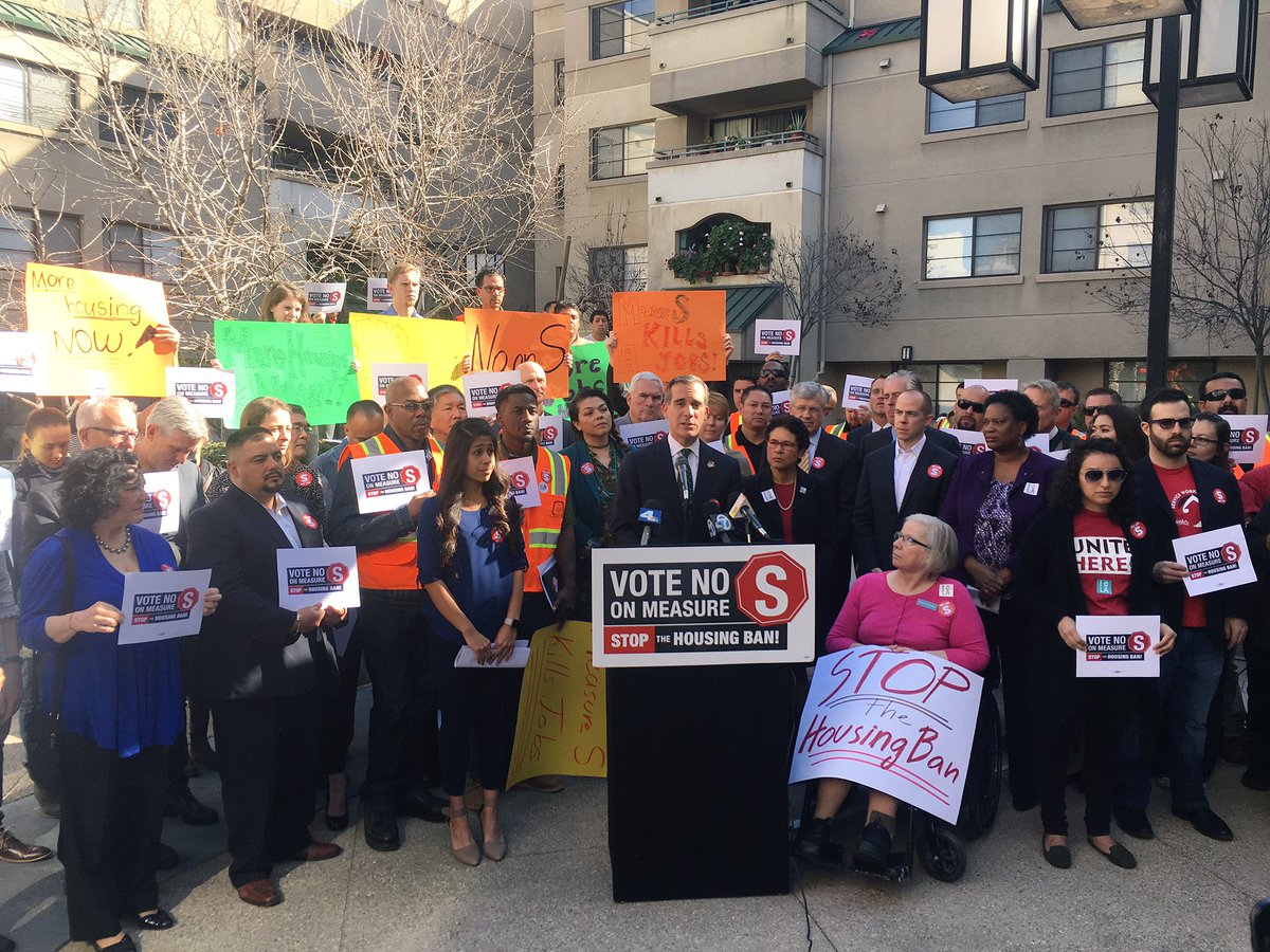 Mayor Garcetti speaks out against Measure S with other coalition members at Casa Heiwa, a 100%-affordable housing development in Little Tokyo that couldn't have been built if Measure S had been law.